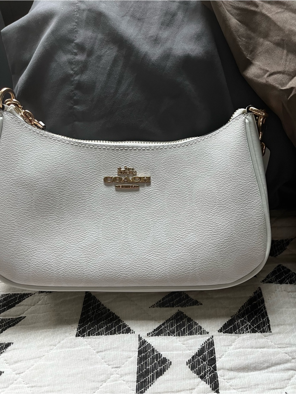 Coach White Pebbled Leather Shoulder Bag with Gold Hardware